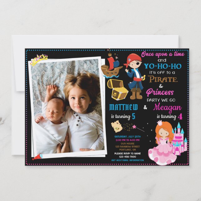 Invitación de cumpleaños de Princesa y Pirata Dos  (Anverso)