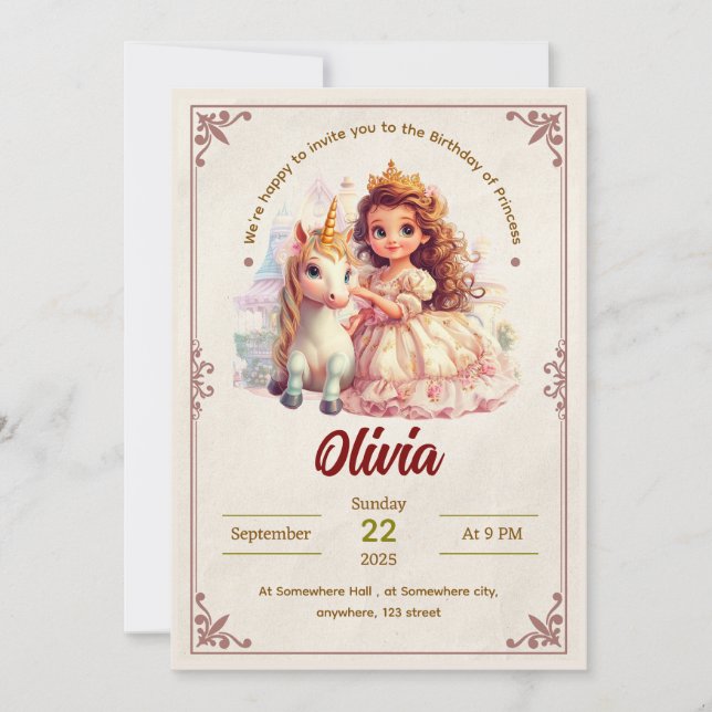 Invitación de cumpleaños de Princesa y Unicornio e (Anverso)
