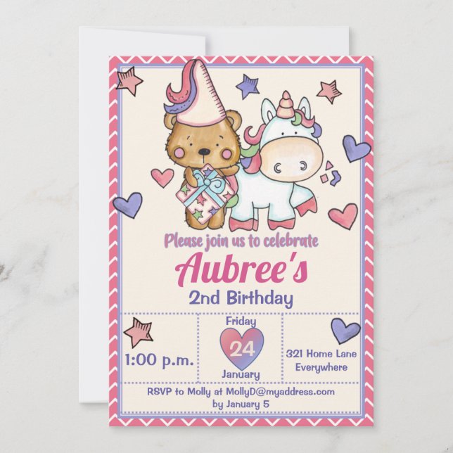 Invitación de cumpleaños de Princess Bear y Unicor (Anverso)