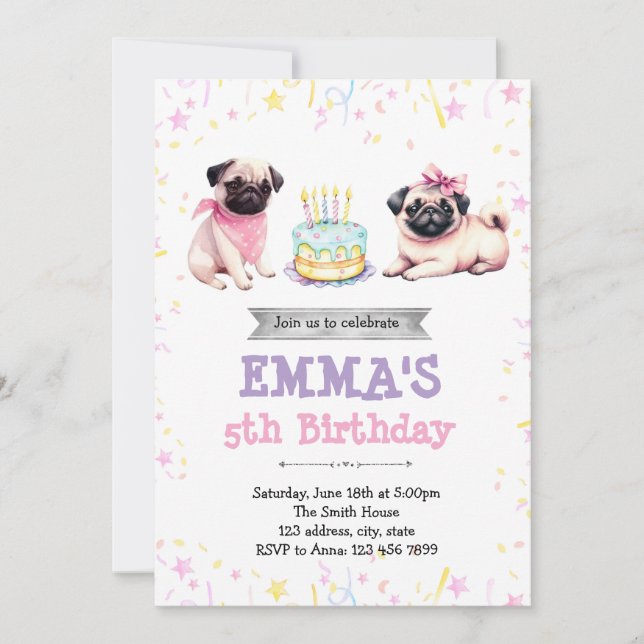 Invitación de cumpleaños de Pug (Anverso)
