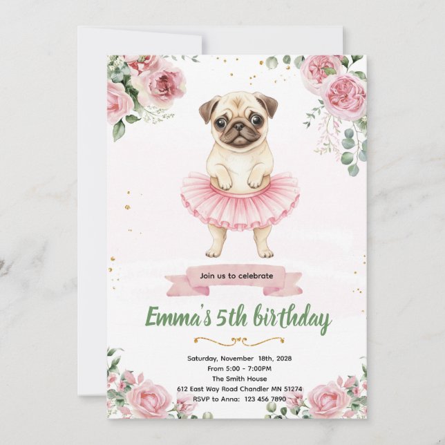 Invitación de cumpleaños de Pug Bailarina (Anverso)