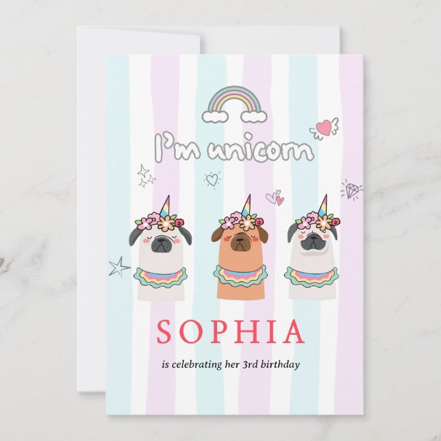 Invitación de cumpleaños de Pug Unicornio Mágico (Anverso)