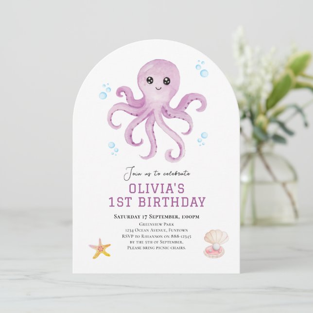 Invitación de cumpleaños de pulpo bajo el mar (Anverso de pie)