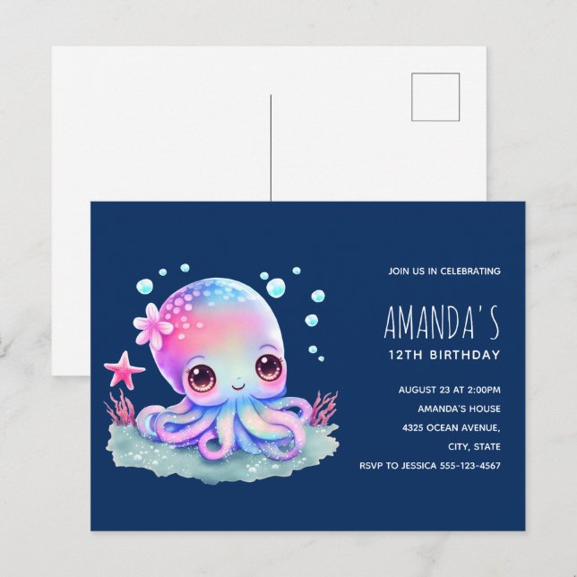 Invitación de cumpleaños de pulpo criatura marina  (Anverso / Reverso)
