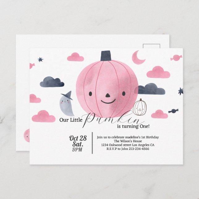 invitación de cumpleaños de pumkin rosa lindo (Anverso / Reverso)