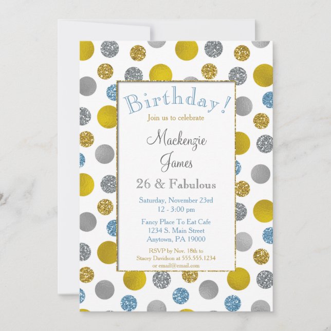 Invitación de cumpleaños de puntos dorados de colo (Anverso)
