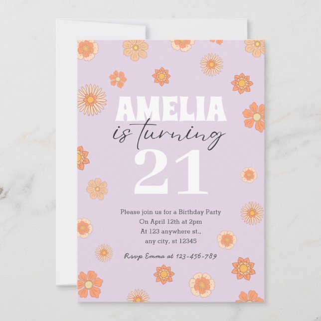 Invitación de cumpleaños de Purple Boho Daisy Cual (Anverso)