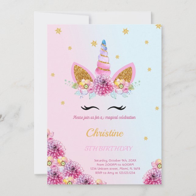 Invitación de cumpleaños de Purple Floral Unicorni (Anverso)