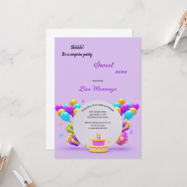 INVITACIÓN DE CUMPLEAÑOS DE PURPLE INCREÍBLE (Anverso/Reverso In Situ)