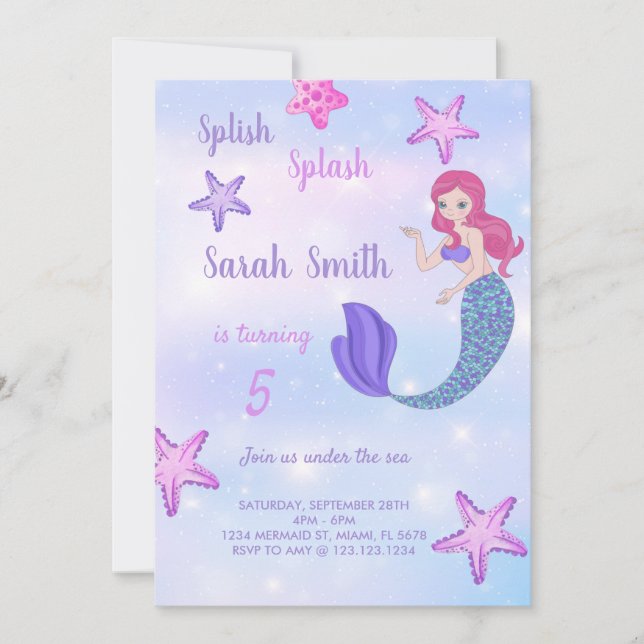 Invitación de cumpleaños de Purple Mermaid (Anverso)