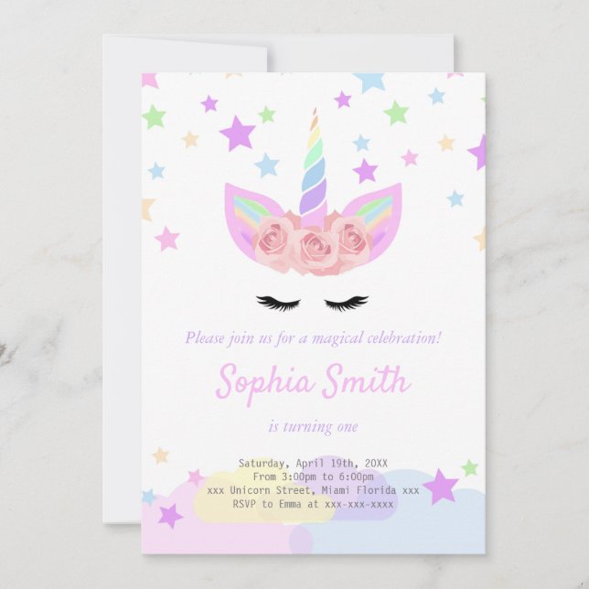 Invitación de cumpleaños de Purple unicorn (Anverso)