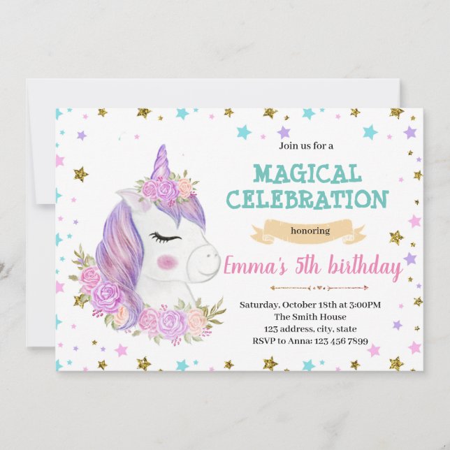 Invitación de cumpleaños de Purple unicorn (Anverso)