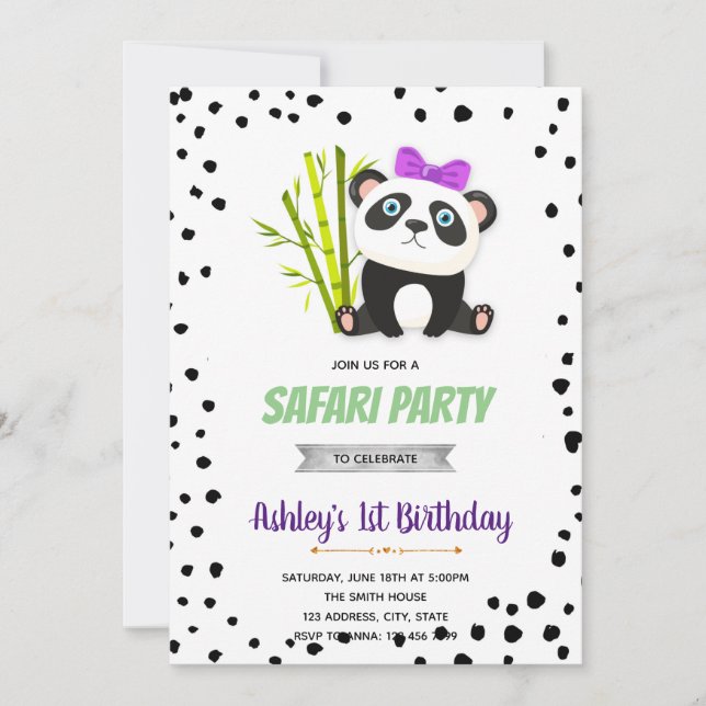 Invitación de cumpleaños de púrpura panda (Anverso)