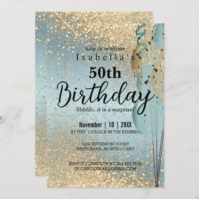 Invitación de cumpleaños de Purpurina azul y oro (Anverso / Reverso)
