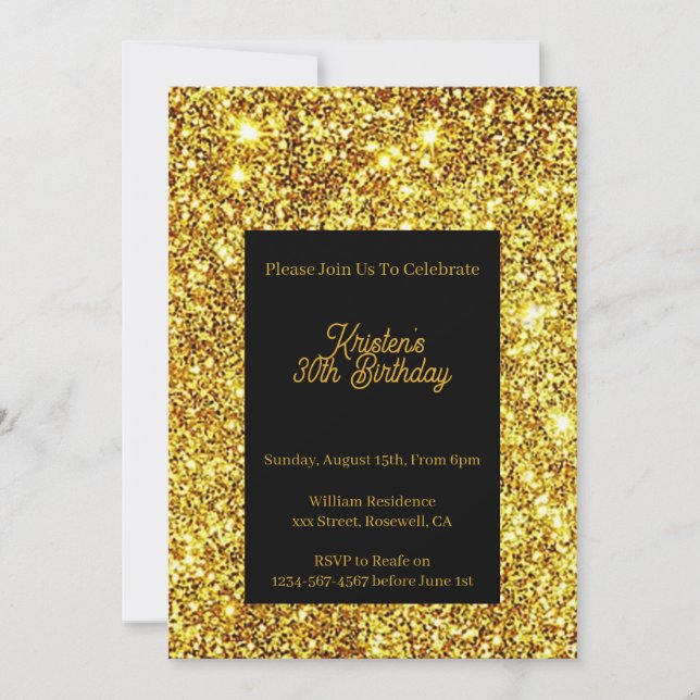 Invitación de cumpleaños de Purpurina de oro (Anverso)
