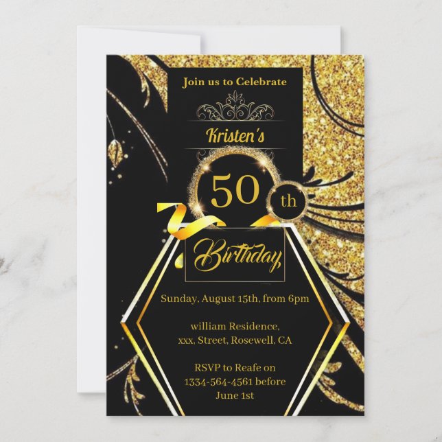 Invitación de cumpleaños de Purpurina de oro (Anverso)