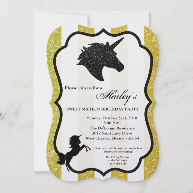 Invitación de cumpleaños de purpurina Gold Unicorn (Anverso)