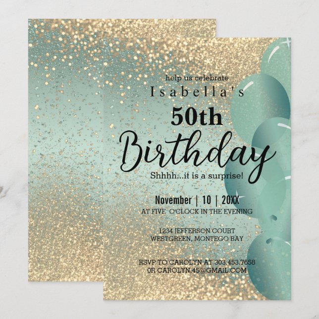 Invitación de cumpleaños de Purpurina Mint Green y (Anverso / Reverso)