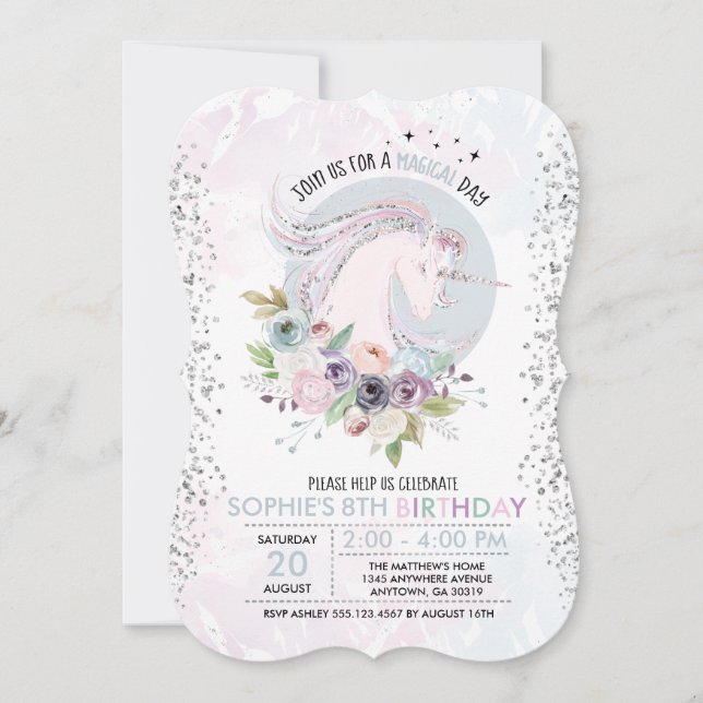 Invitación de cumpleaños de purpurina Pastel Flora (Anverso)