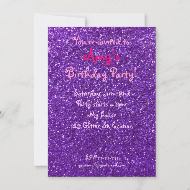 Invitación de cumpleaños de purpurina púrpura (Anverso)