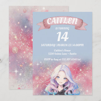 Invitación de cumpleaños de Purpurina rosa Anime C