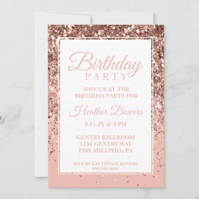 Invitación de cumpleaños de Purpurina Rosa Oro osc (Anverso)