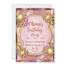 Invitación de cumpleaños de Purpurina rosa y dorad
