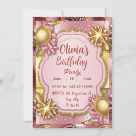 Invitación de cumpleaños de Purpurina rosa y dorad