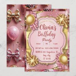 Invitación de cumpleaños de Purpurina rosa y dorad