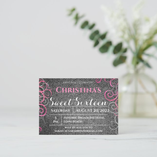 Invitación de cumpleaños de Purpurina rosado y pla (Anverso de pie)