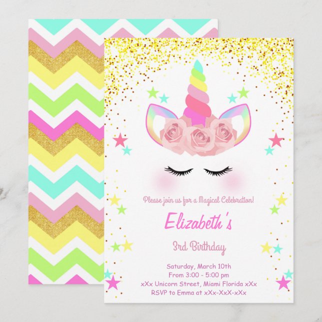 invitación de cumpleaños de purpurina Unicorn (Anverso / Reverso)
