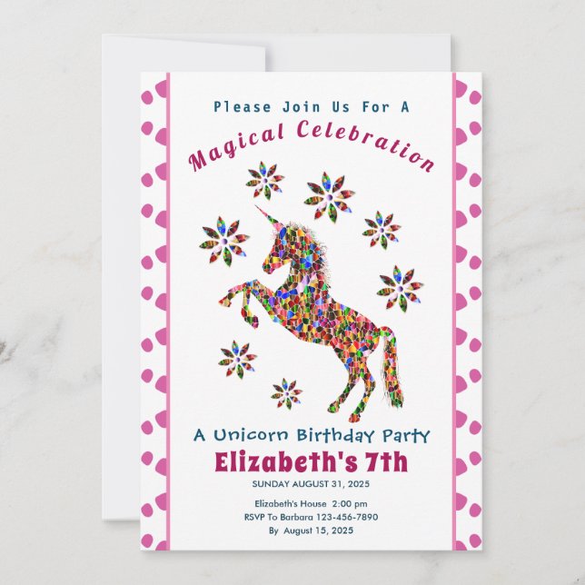 Invitación de cumpleaños de Purpurina unicornio má (Anverso)