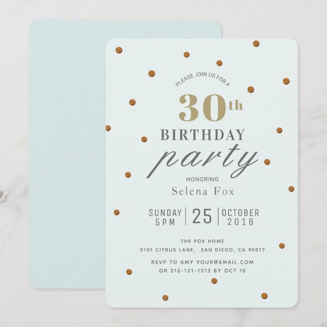 Invitación de cumpleaños de Purpurinas de oro y ve (Anverso / Reverso)