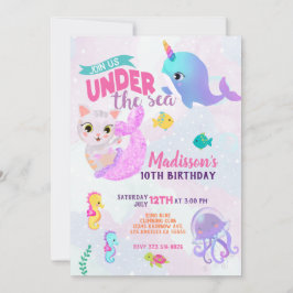 Invitación de cumpleaños de Purrmaids gata sirena 