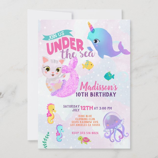 Invitación de cumpleaños de Purrmaids Sirena Gato  (Anverso)