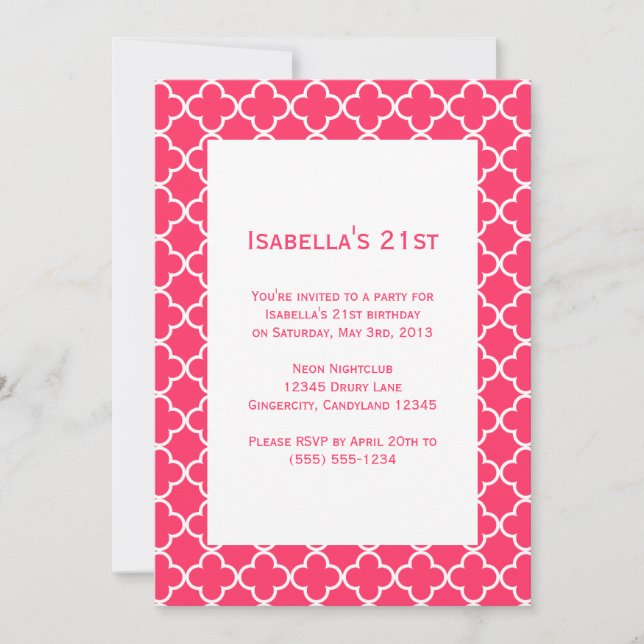 Invitación de cumpleaños de Quatrefoil Rosa (Anverso)