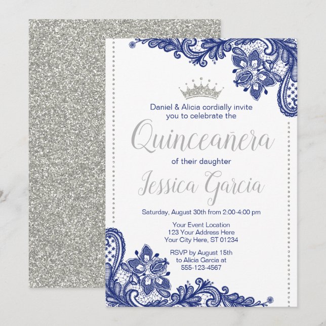 Invitación de cumpleaños de Quinceañera | Azul y p (Anverso / Reverso)
