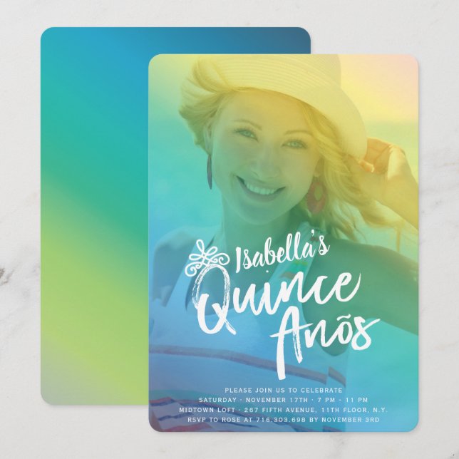 Invitación de cumpleaños de Quinceañera colorida (Anverso / Reverso)