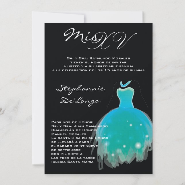 Invitación de cumpleaños de Quinceanera con vestim (Anverso)