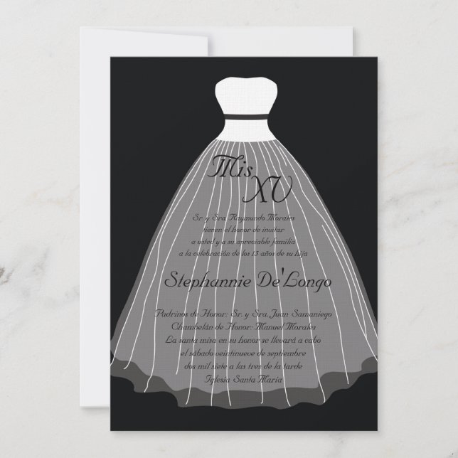 Invitación de cumpleaños de Quinceanera con vestim (Anverso)