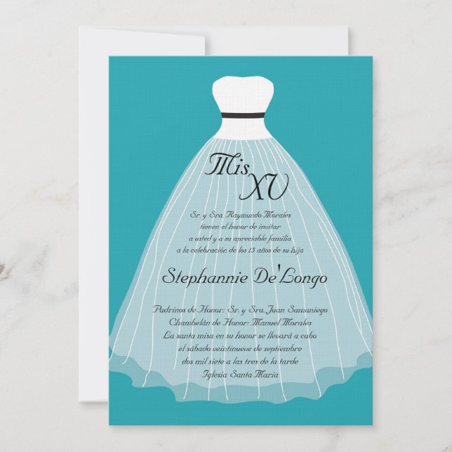 Invitación de cumpleaños de Quinceanera con vestim (Anverso)