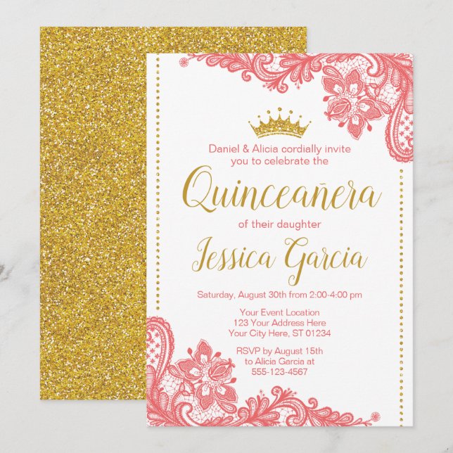 Invitación de cumpleaños de Quinceañera | Coral y  (Anverso / Reverso)