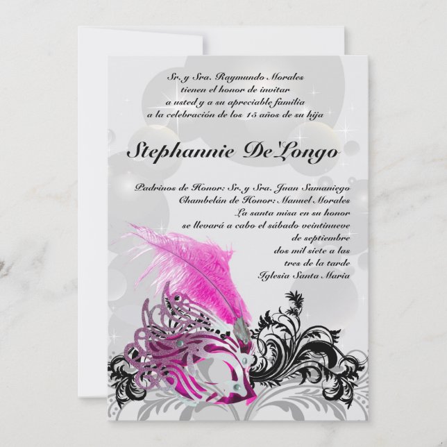 Invitación de cumpleaños de Quinceanera de mascara (Anverso)