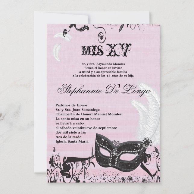 Invitación de cumpleaños de Quinceanera de mascara (Anverso)