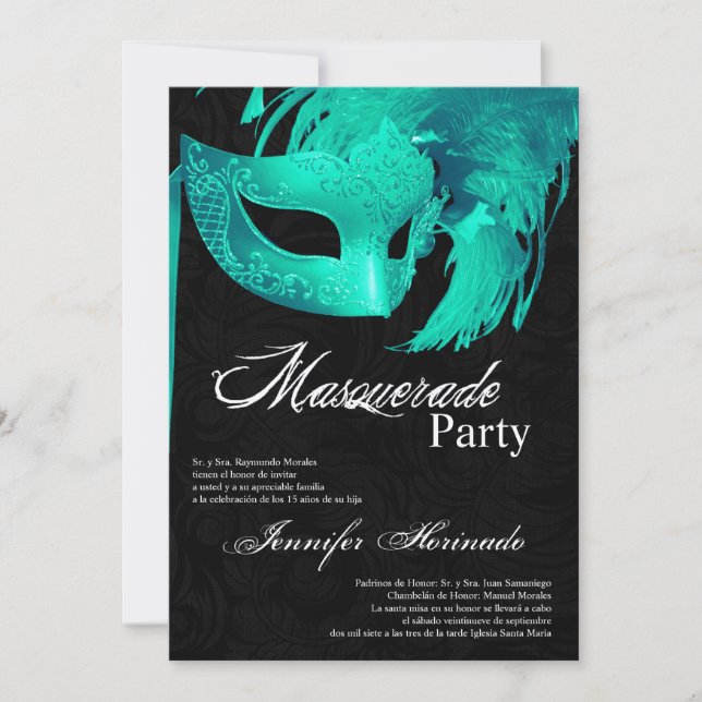 Invitación de cumpleaños de Quinceanera de mascara (Anverso)