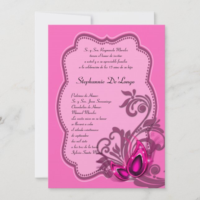 Invitación de cumpleaños de Quinceanera de mascara (Anverso)
