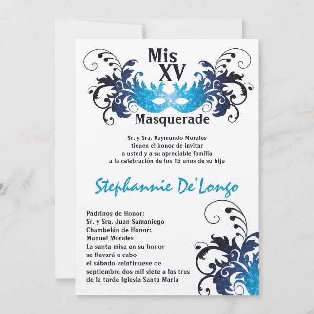 Invitación de cumpleaños de Quinceanera de mascara (Anverso)