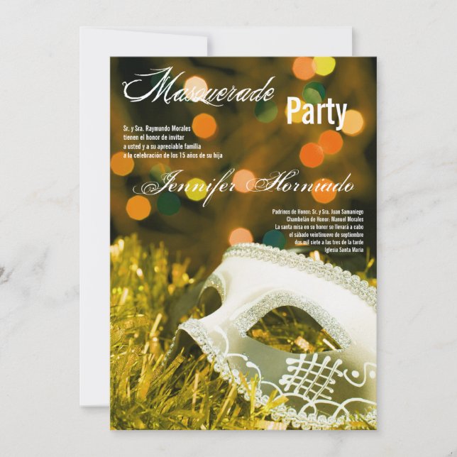Invitación de cumpleaños de Quinceanera de mascara (Anverso)