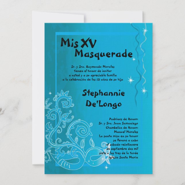 Invitación de cumpleaños de Quinceanera de mascara (Anverso)