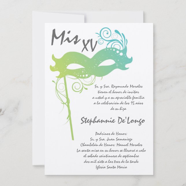Invitación de cumpleaños de Quinceanera de mascara (Anverso)